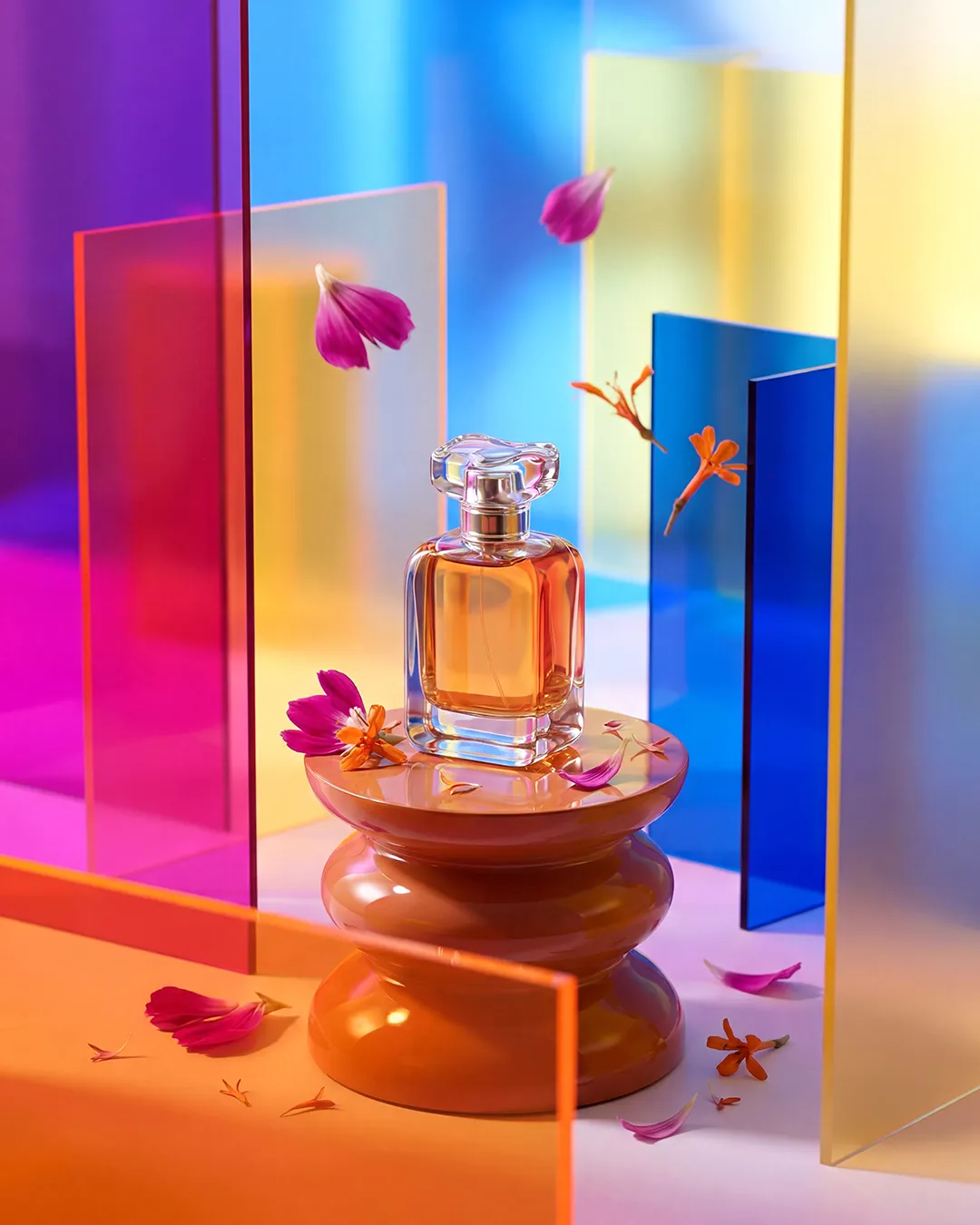Luxury fragrance product showcased with vibrant creative visuals for premium beauty and lifestyle marketing