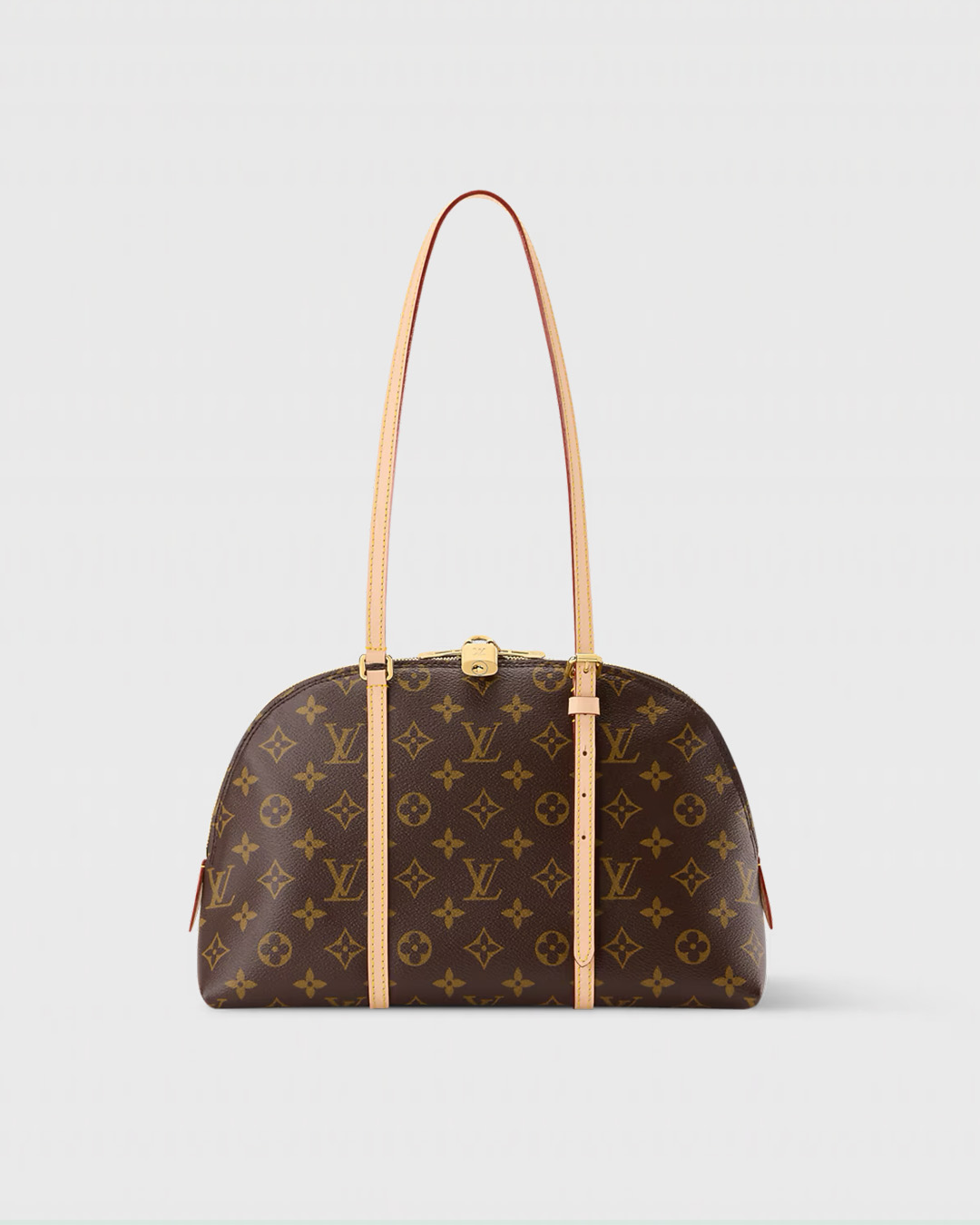 Brown Louis Vuitton monogram handbag with long leather straps and gold hardware
