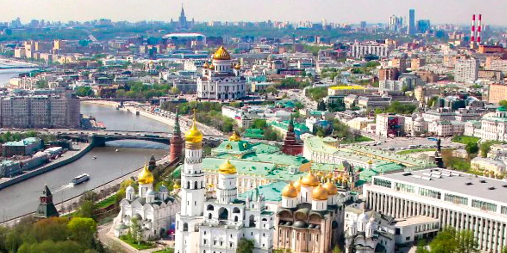 Aerial view of Moscow showing the Kremlin and surrounding cityscape, representing CLX’s new production site opened in 2001.