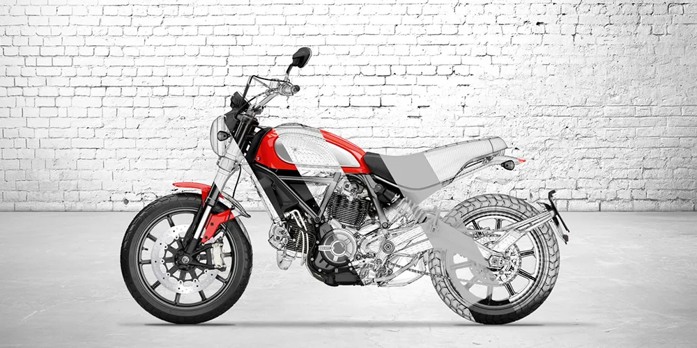 3D CGI motorcycle render showing partial wireframe and colored details, representing CLX’s 3D CGI department launch in 2014.
