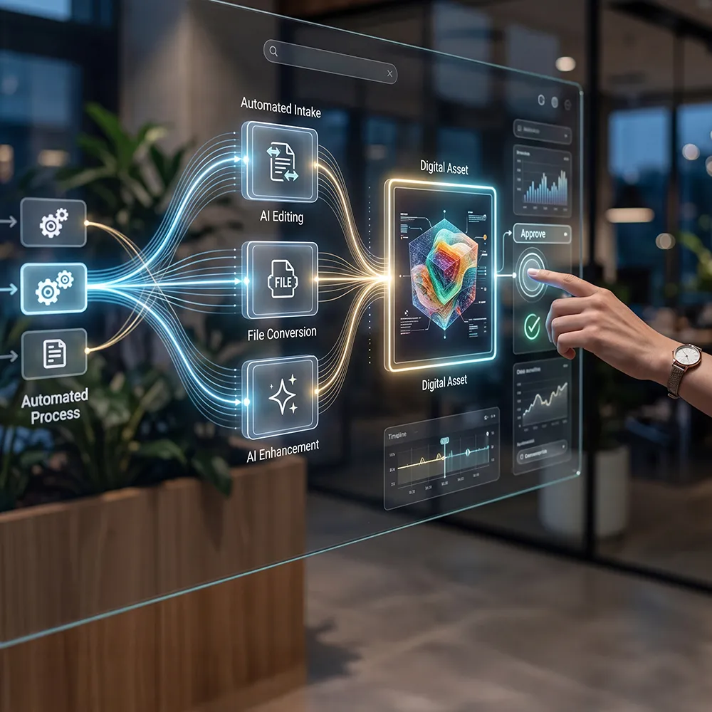 Digital Asset Management workflow with AI-powered automation, file conversion, editing, and approval processes