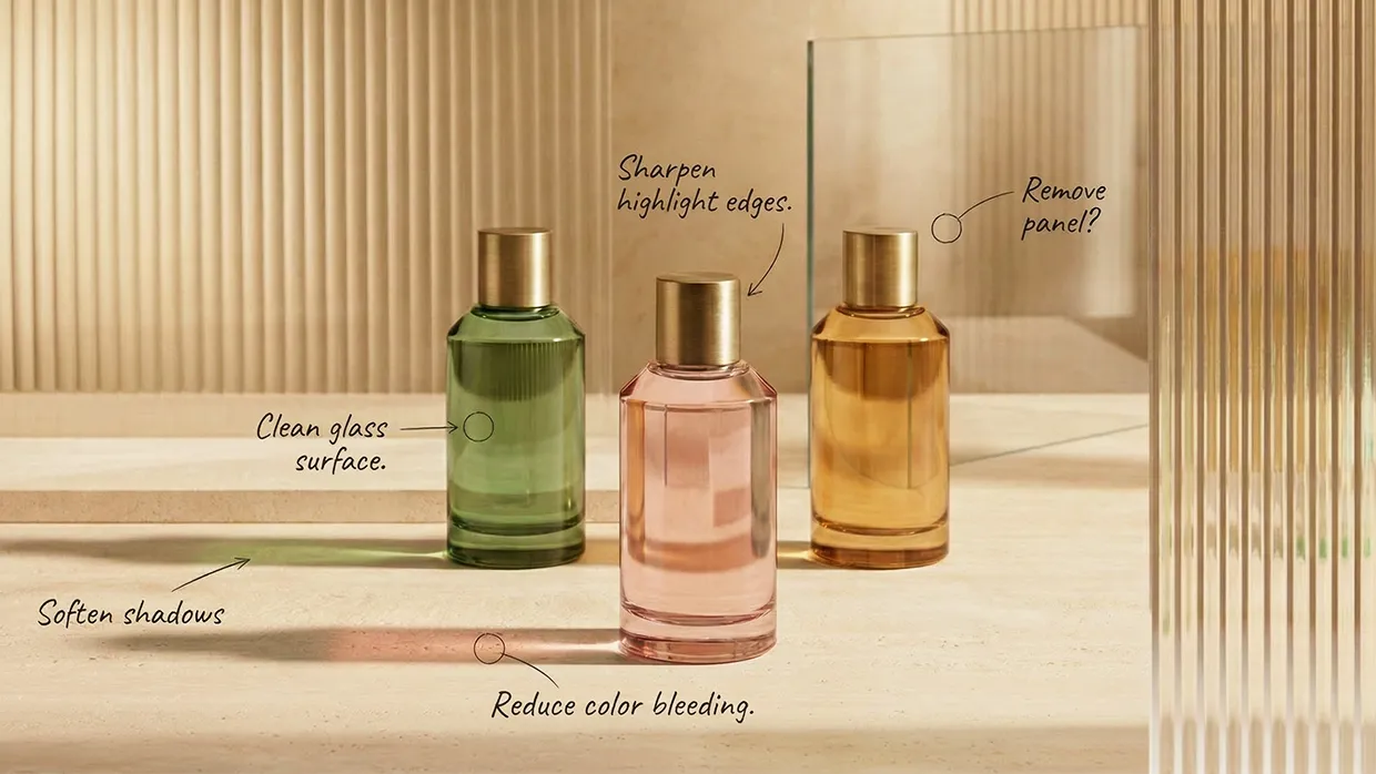 Product image post-production workflow showing retouching notes for perfume bottles, shadows, and color correction.