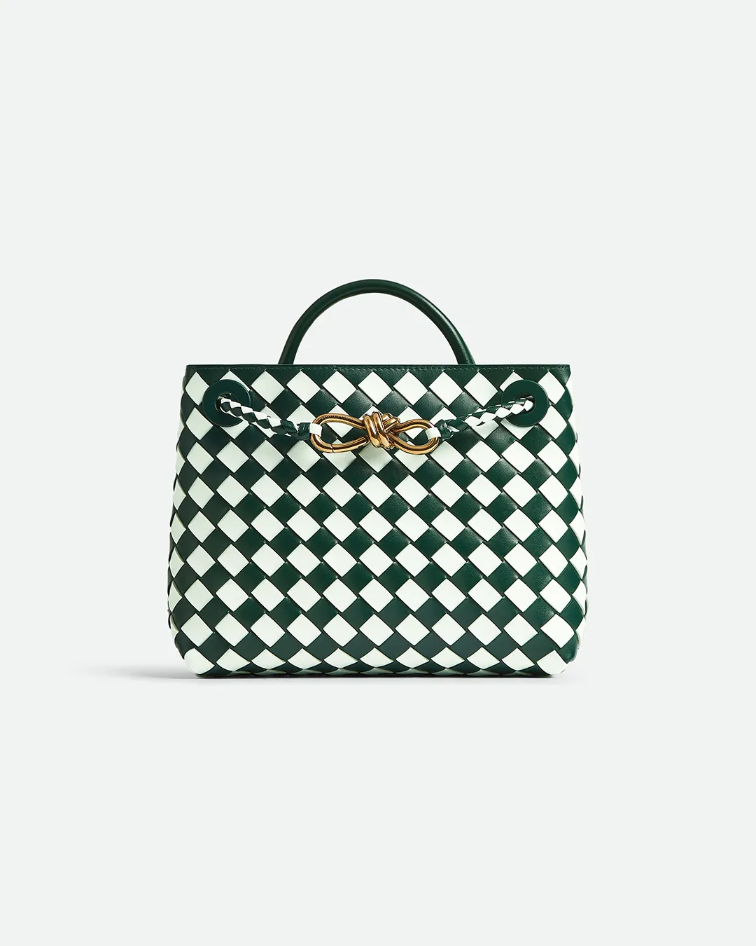 Green and white Bottega Veneta woven tote bag with gold knot detail on front