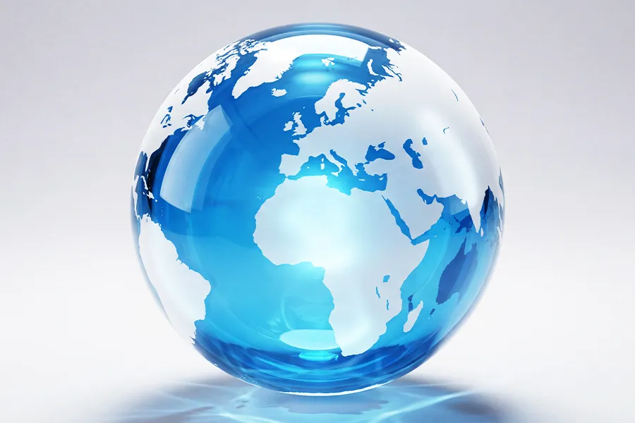 Blue globe illustration highlighting global connectivity and international business presence
