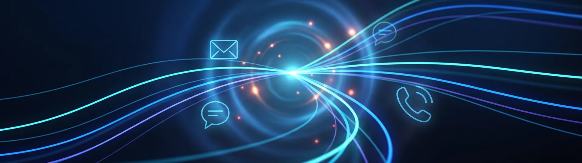 Abstract contact banner with email, chat, and phone icons connected by glowing digital lines