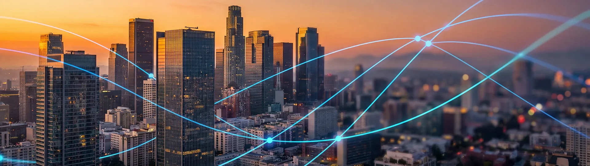Modern city skyline with digital network lines representing global business locations and connectivity