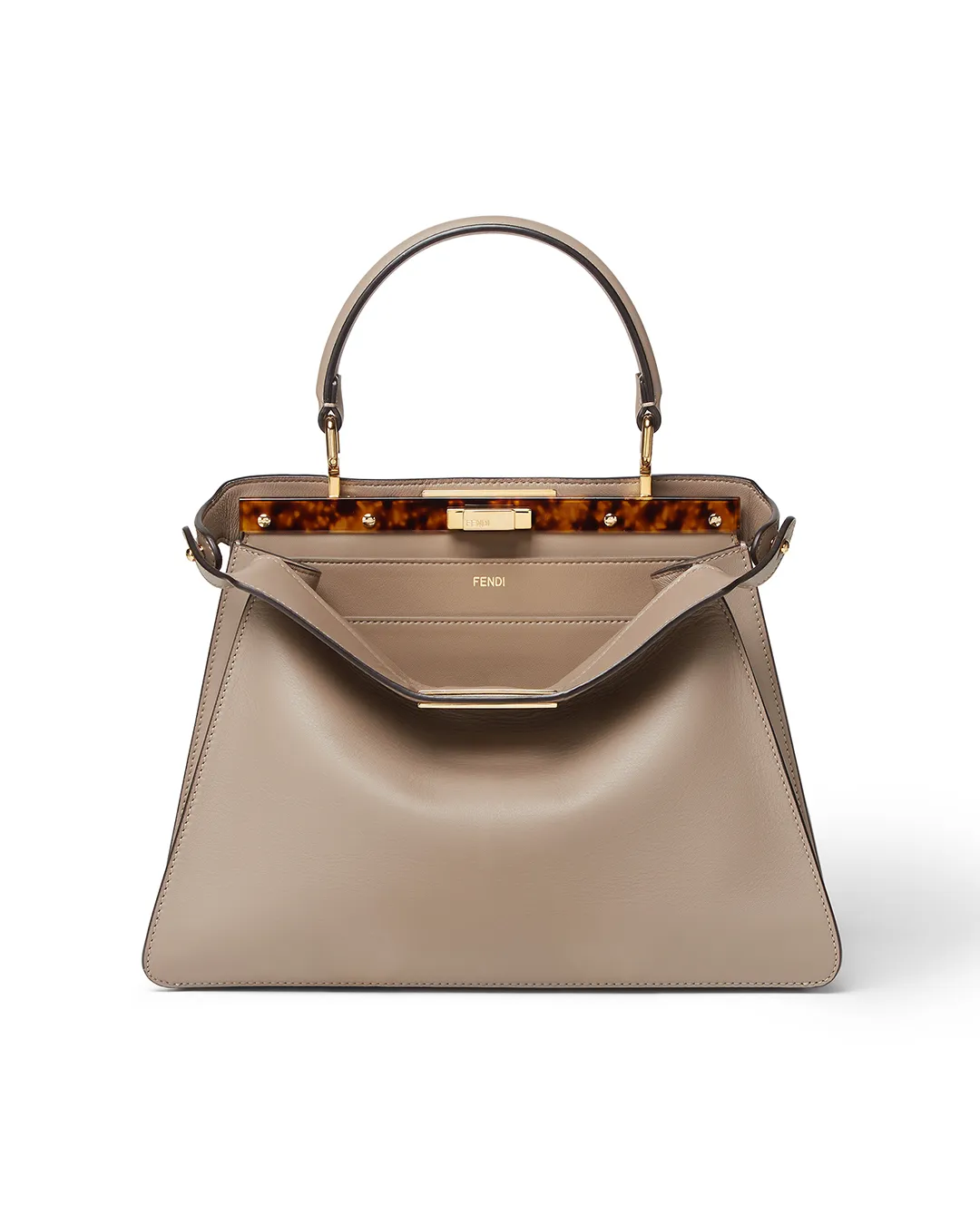 Beige Fendi leather handbag with top handle and luxury hardware details