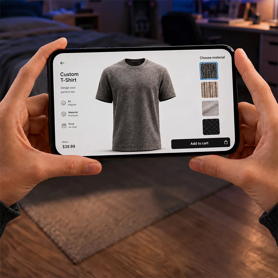 Customer customizing a T-shirt using an ecommerce product configurator with material and design options