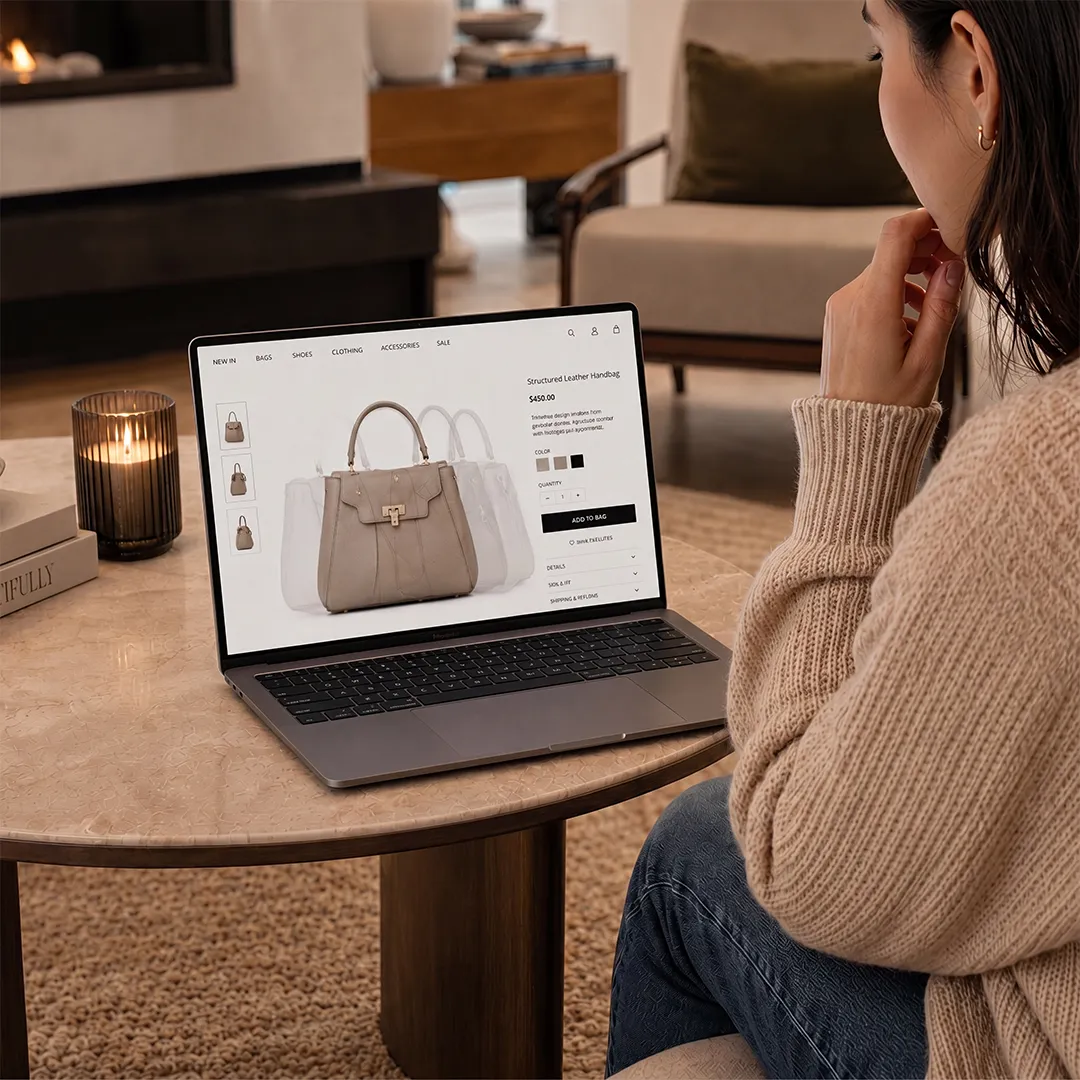 Shopper browsing a personalized online handbag shopping experience with interactive product recommendations