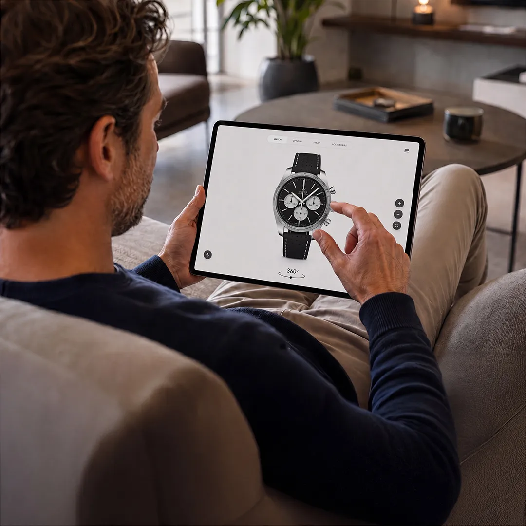 User interacting with a web-based 3D product viewer to explore a watch using immersive CGI visualization technology